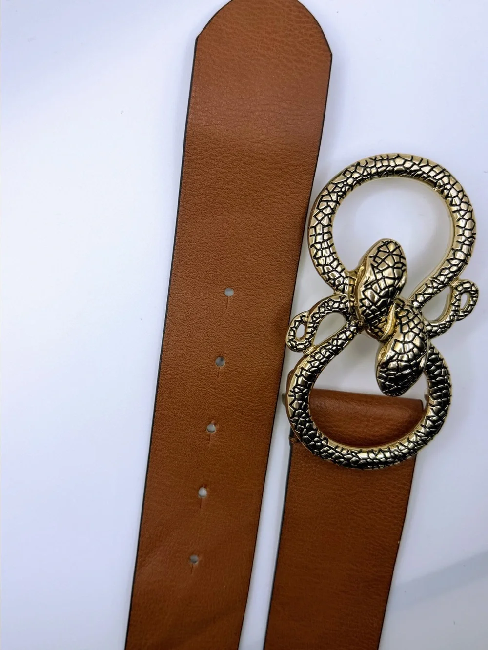 Express Brown Leather Belt with Gold Double-Snake Buckle